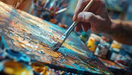 People expressing themselves doing art during an art therapy workshop, with paints, brushes, canvases. Therapeutic benefits of creativity and self-expression in mental health and emotional well-being