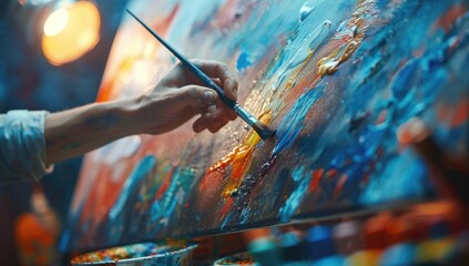 People expressing themselves doing art during an art therapy workshop, with paints, brushes, canvases. Therapeutic benefits of creativity and self-expression in mental health and emotional well-being