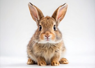 Obraz premium Cute rabbit with bright brown eyes and soft fur sits alone on a pristine white background, showcasing its innocence and gentle nature perfectly.