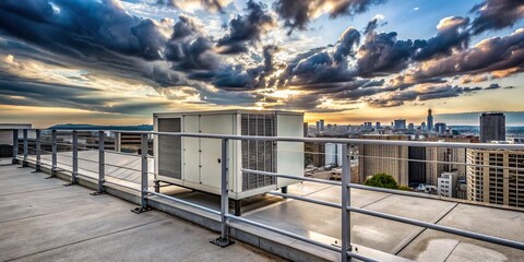 Fototapeta premium Outdoor air conditioning unit on rooftop surrounded by concrete walls and metal railings, with cityscape view in the background under cloudy sky.