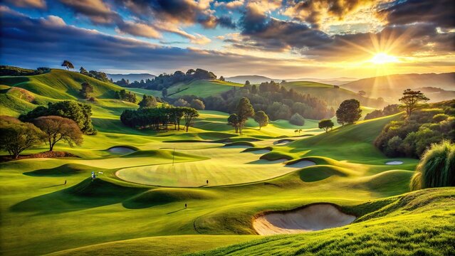 Serene sunny landscape of rolling green hills, manicured fairway, and sand traps at a picturesque golf course with golf balls and clubs abandoned mid-game.