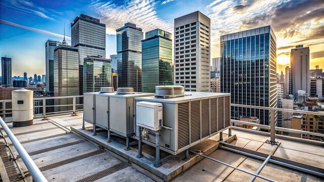 Rooftop outdoor air conditioning unit in a urban setting with concrete walls and steel pipes, surrounded by city skyscrapers and narrow alleys.
