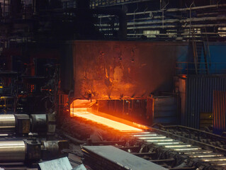 Rolled metal factory. Hot iron slab moving on conveyor of metal rolling mill © Mulderphoto