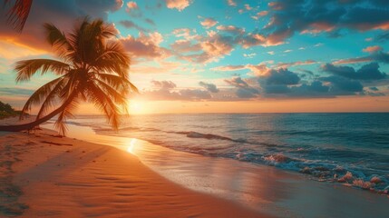 Beautiful tropical beach with palm tree at sunset. Paradise 