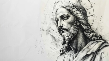 Fototapeta premium Sketch of Jesus Christ on white background with copy space