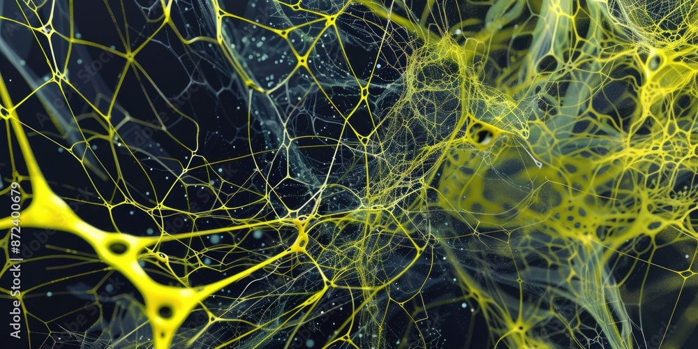 Poster abstract representation of a network with glowing yellow dots and lines, symbolizing technology and 