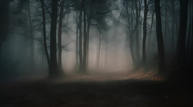 Scary dark forest at night foggy with heavy rain