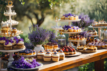 Dessert buffet table, food catering for wedding, party holiday celebration, lavender decor, cakes and desserts in a country garden