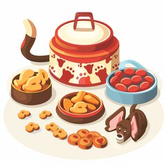 Cute cartoon illustration of dog food and treats for pet care.