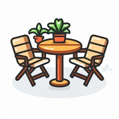 A simple cartoon illustration of a table with two chairs and plants.