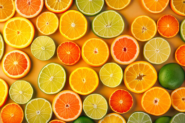 Obraz premium Different citrus fruits as background, top view