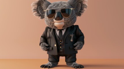Anthropomorphic koala wearing dark suit, crisp white shirt and stylish sunglasses. Fur textured in fine detail. Confident pose with slight smirk. 