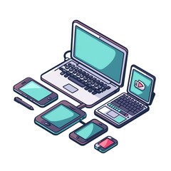 Isometric illustration of various electronic devices connected by cables.