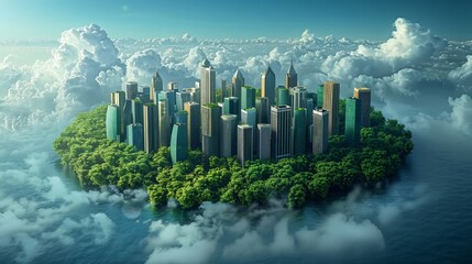 an imaginative vision of sustainable urban living, featuring a floating island with lush greenery and contemporary skyscrapers.