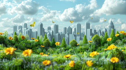 Urban oasis: cityscape meets lush greenery, an illustration showcasing a harmonious blend of urban architecture and verdant nature.