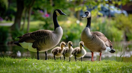Obraz premium A family of geese, including a mother and her three young ones. Generate AI