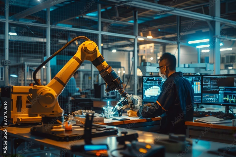 Aufkleber industrial worker operating a robotic arm in a factory setting