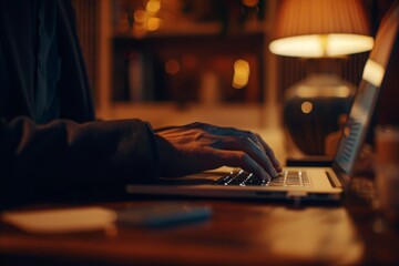 A Man Typing on a Laptop at Night