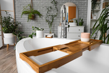 Stand with candle and plant on bathtub in room
