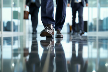 Fototapeta premium Close-Up of Businessman's Shoes Walking in Office Back to Work