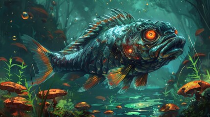 A fish with glowing eyes is swimming in a pond with mushrooms and plants. Generate AI