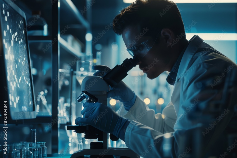 Poster scientist examining sample under microscope in a modern lab