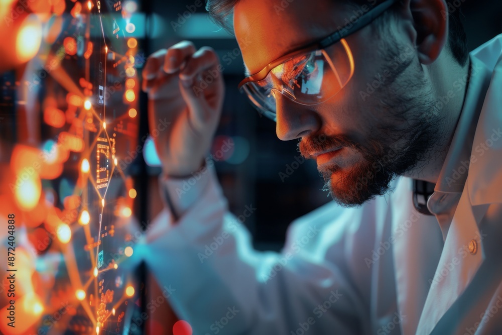 Poster scientist analyzing data on a futuristic display