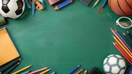 Back to School Concept with Sports Equipment and School Supplies on Green Chalkboard Background, Generative AI