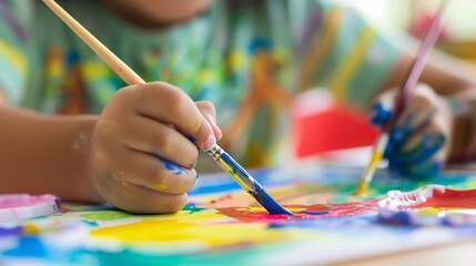 Naklejka premium Child's Hand Painting with Colorful Paints, Highlighting Creativity and Artistic Education in Early Learning, Generative AI