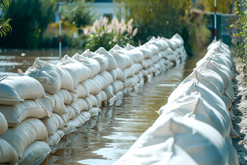 Full line of flood protection sandbags protecting houses from water, flood emergency