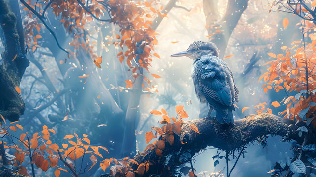 Mystical Kouprey Bird Perched on a Tree Branch Amidst the Vibrant Autumn Foliage in a Lush Mysterious Forest Landscape