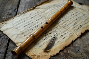 A bamboo flute rests on a sheet of music with a feather on top. Concept of nostalgia and a connection to traditional music
