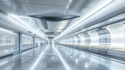Obraz premium A long, empty train station with a white ceiling and white walls. Generate AI