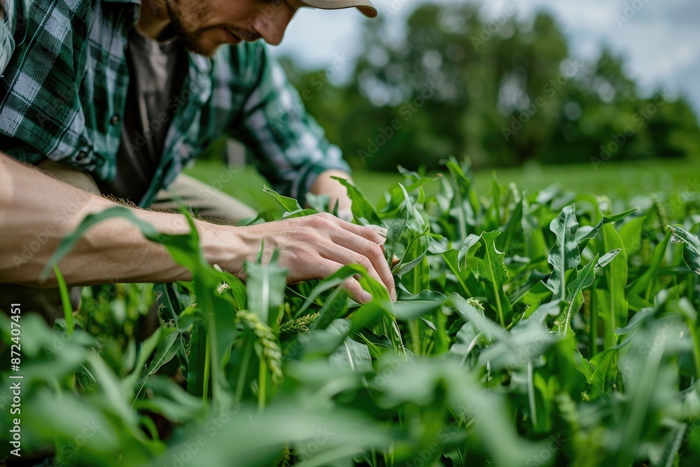 Poster a man is bending over in a field of corn. he is reaching down to pick up a stalk of corn