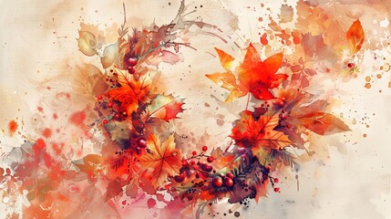 Watercolor art of a festive wreath with autumn leaves and berries. Concept of holiday decorations, seasonal artwork, creative design. Copy space