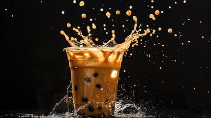 Product shot of a splashing bubble tea, isolated black background