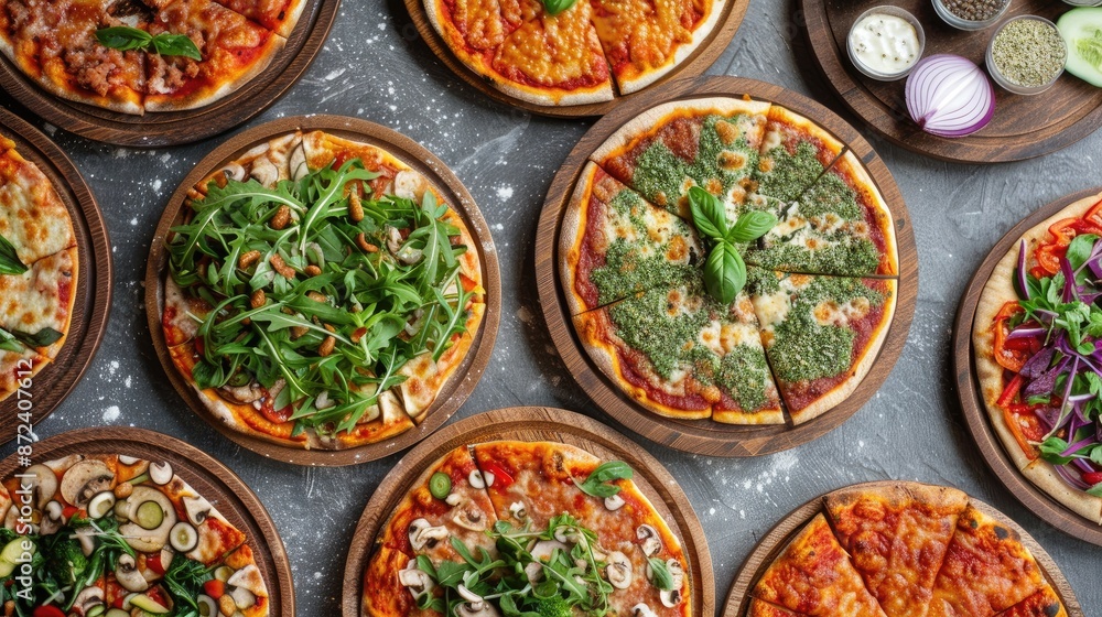 Poster a variety of pizzas with different toppings are displayed on a wooden table. the pizzas are arranged
