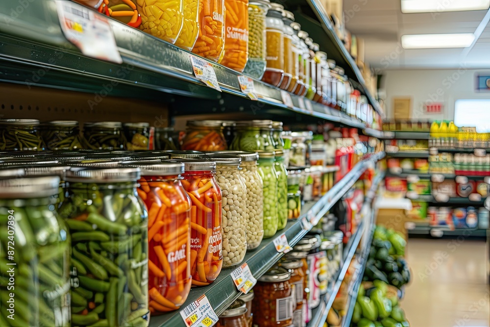Poster a grocery store aisle with many jars of vegetables and condiments. the jars are on shelves and are o
