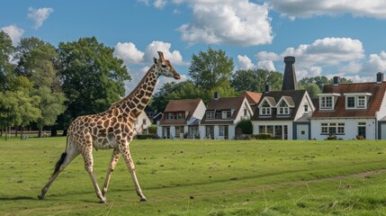 Obraz premium A giraffe walks through a grassy field next to a house. Generate AI