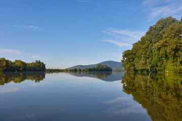 Peaceful waters of river, hot summer, Tisza, Hungary