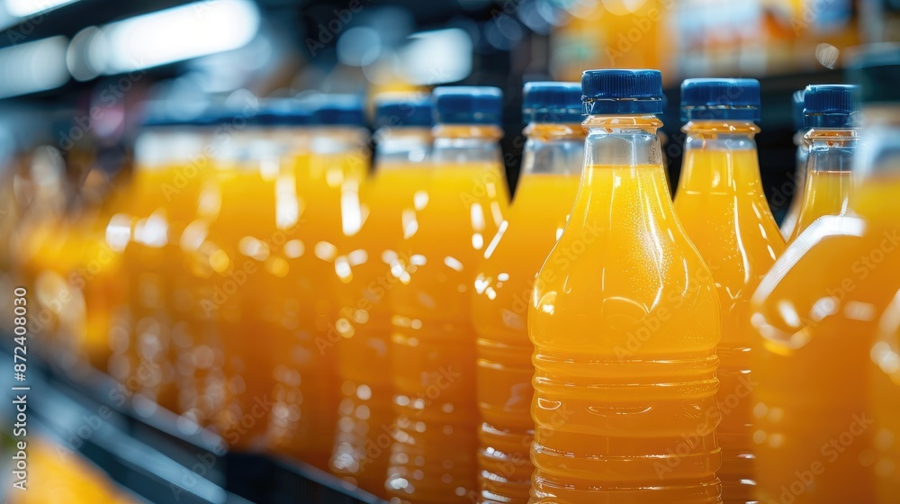Poster a row of orange bottles of juice on a shelf. the bottles are lined up and are all the same size
