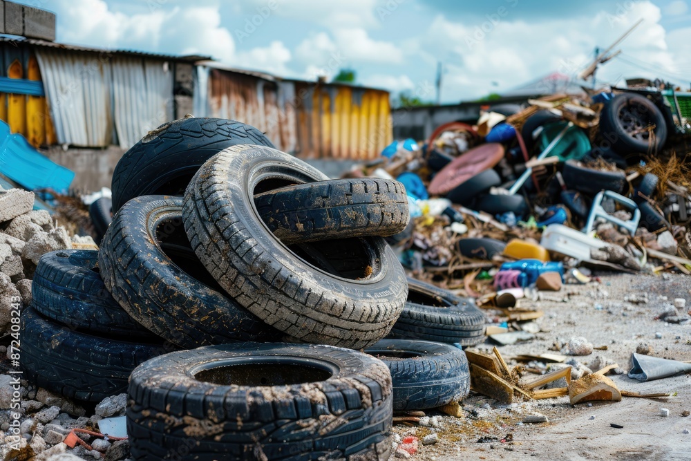 Poster a pile of old tires and other junk in a trash heap. the tires are stacked on top of each other, and 
