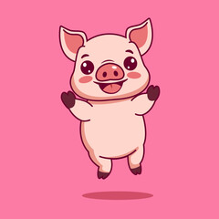 Fototapeta premium Cute happy pig jumping cartoon vector illustration