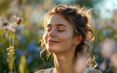 A young woman with brown hair stands in a field of flowers, her eyes closed, taking a deep breath. She is practicing mindfulness and enjoying the beauty of nature