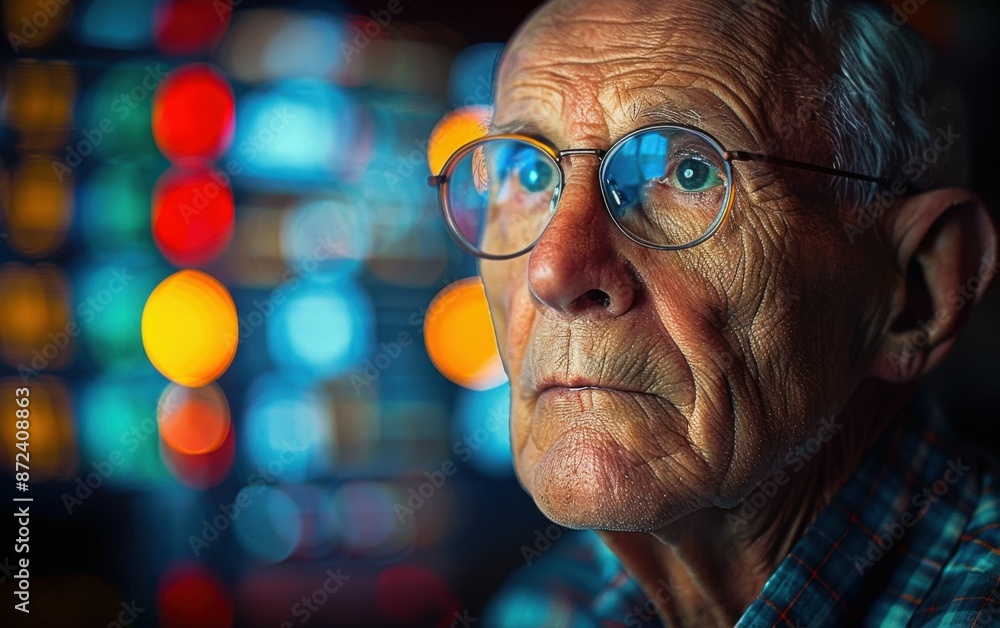 Poster an elderly man with a serious expression looks intently at a computer screen, likely analyzing stock