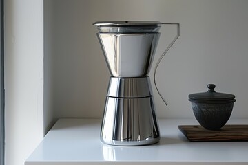 A silver coffee pot sits on a white countertop. The pot is surrounded by a few other items, including a wooden cutting board and a bowl. Concept of warmth and comfort