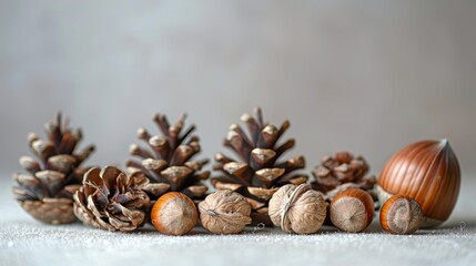 Festive winter composition with nuts and pine cones on a textured backdrop. Concept of holiday decor, natural elements, seasonal display. Copy space