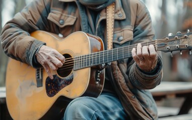 Obraz premium A middle-aged man with a brown jacket and a guitar sits outside and practices playing