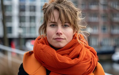 A young woman with blond hair and an orange scarf, possibly from the Baltic region, studies a new language outdoors in the winter