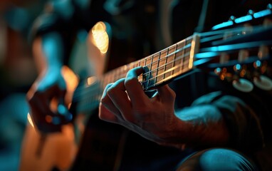 Fototapeta premium Close-up of a Baltic adult's hand playing a guitar in the evening